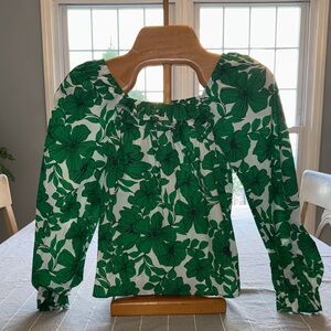 CREWCUTS girls Green Floral Long Sleeve Top, ruffle neck/wrists. NWOT, sz XL